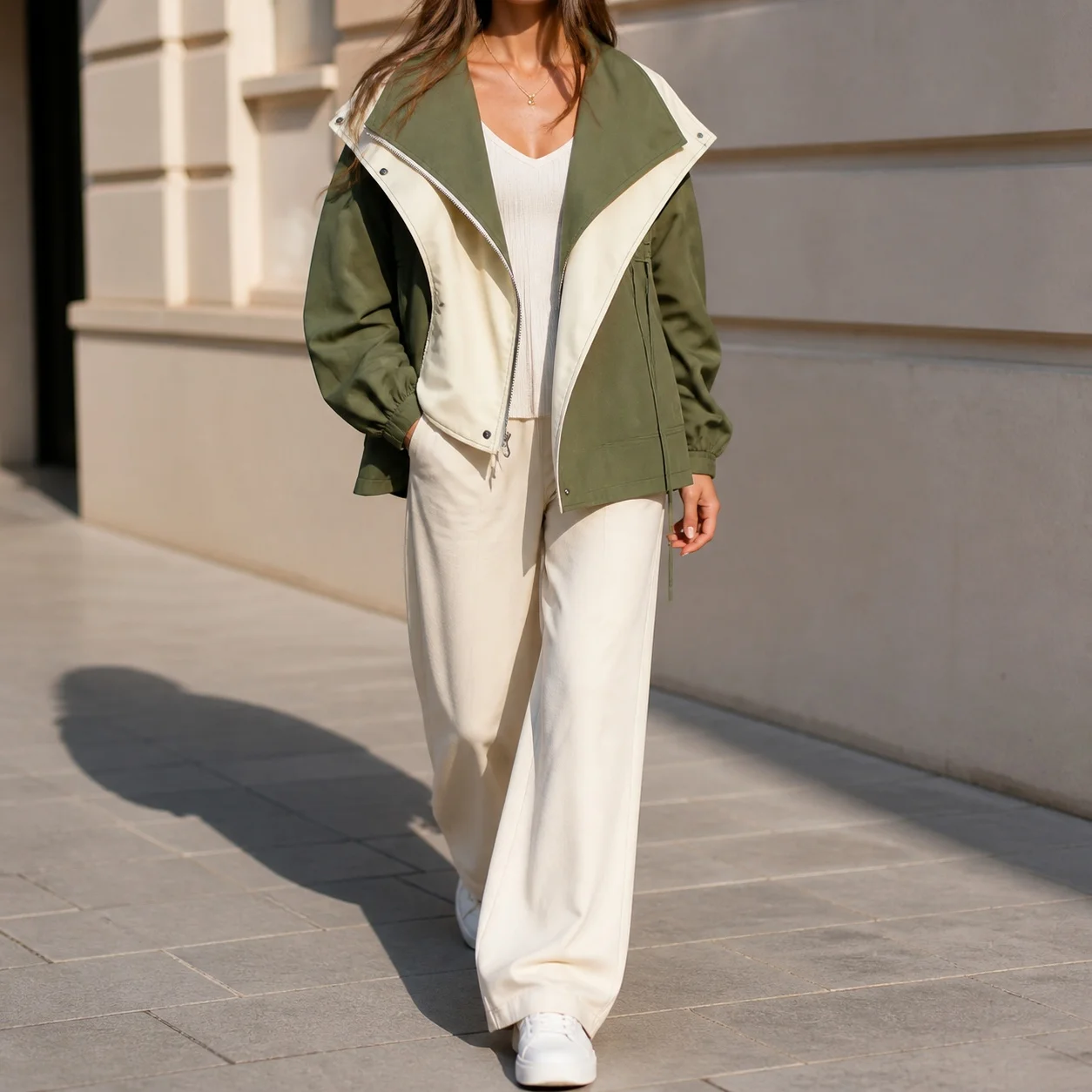 Women's Loose Fit Hooded Cropped Trench Coat Jacket with Zipper Closure Color Block Long Sleeve Fall Women's Autumn Coat