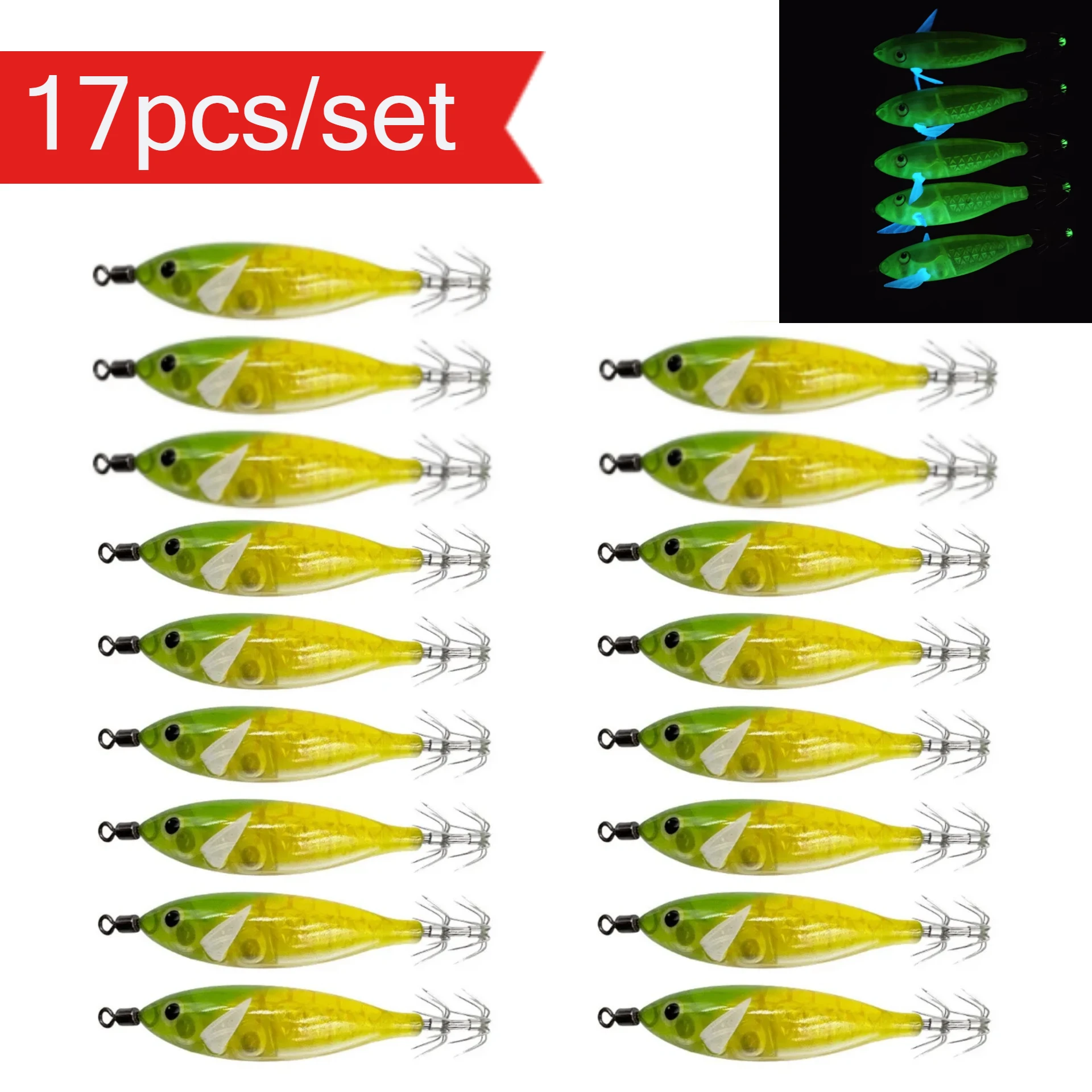 17 Stück/Set 8cm/5,7g Garnelen-Angelköder Leuchtender Tintenfisch-Jig-Haken Meeresfischerei-Zubehör Künstlicher Köder Oktopus-Köder
