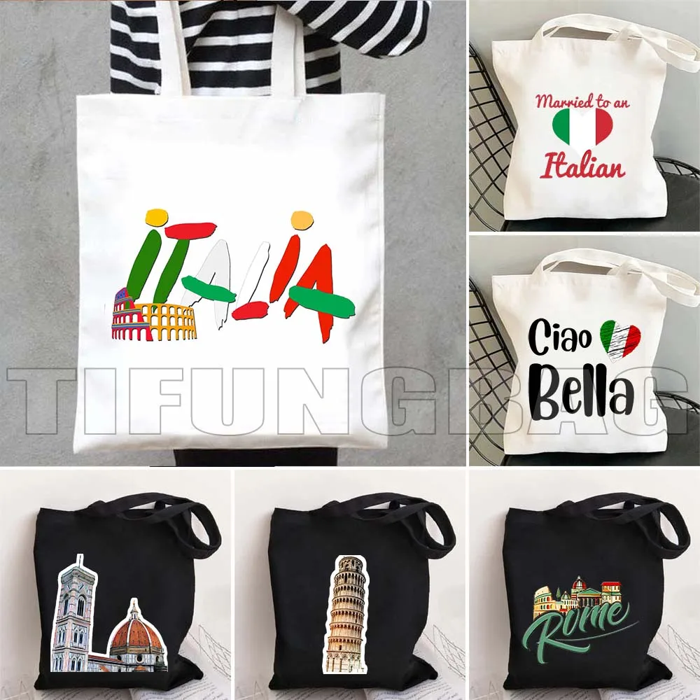 Ciao Bella Italian Flag Canvas Tote Bag Duomo Florence Shopping Bag Italia Rome Pisa Map Heart Italy Cute Gifts Shopper Handbag