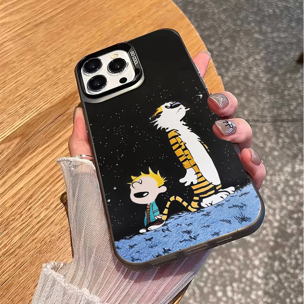 Cartoon CC-alvin and H-Hobbes Phone Case For iPhone 16 12 13 14 15 Pro Max Plus Color Electroplated Silver IMD Laser Cover