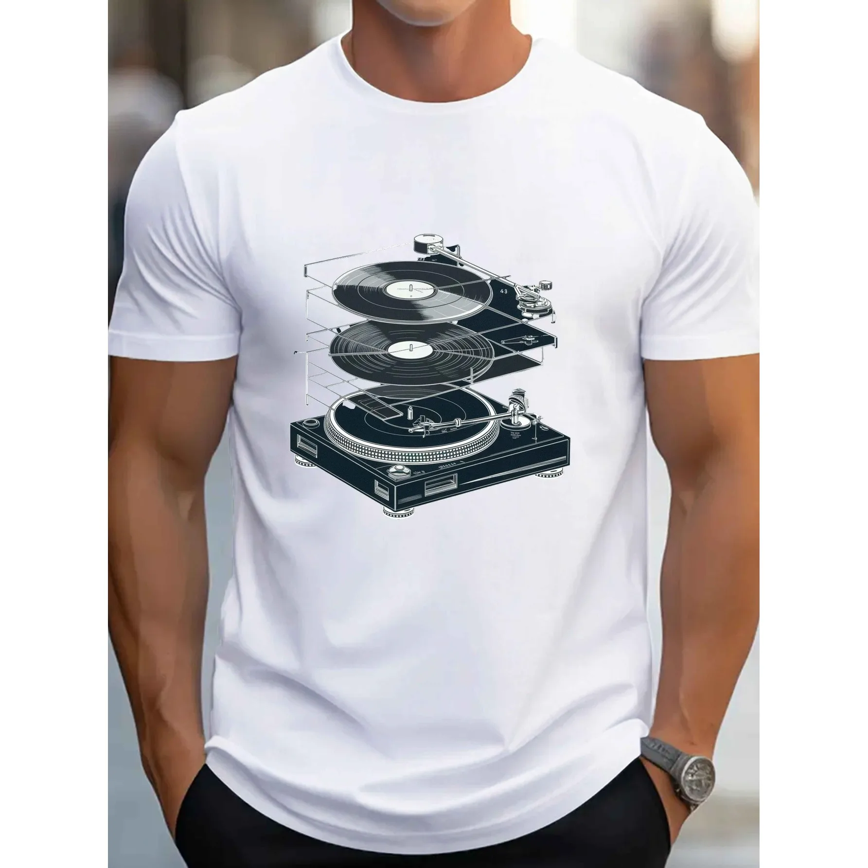 Turntable Exploded View Graphic Tee Men's Casual Cotton Short Sleeve DJ Audiophile Shirt