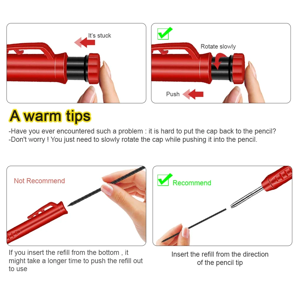 Solid Carpenter Pencil with Refill Leads and Built-in Sharpener for Deep Hole Mechanical Pencil Marker Marking Woodworking Tools