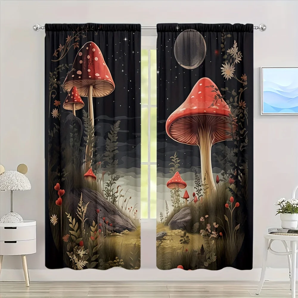 Bohemian Mushroom Forest Curtain Boho Aesthetic Window Drapes Nature Fairy Tale Cottagecore Starry Night Print Living Room Home
