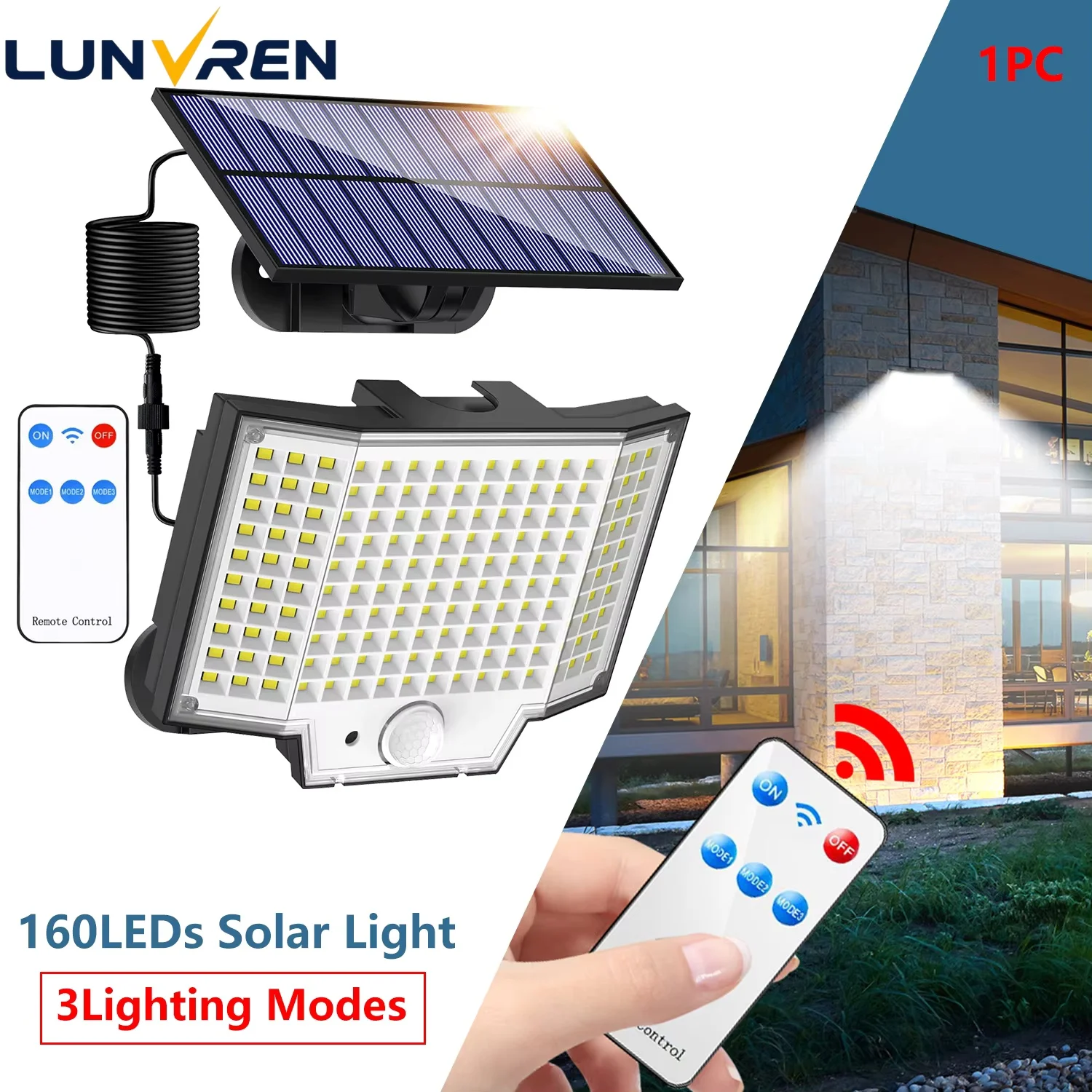 

Solar Motion Sensor Wall Light 160 Led Solar Outdoor Lamp with Remote Control Security Lighting for Garden Patio and Pathway