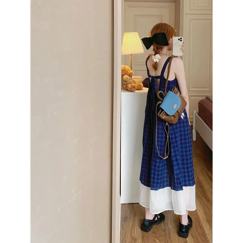 Korobov French Vintage Robe Blue Plaid Sleeveless Square Collar Dress Women Vestidos Casual Loose Slim Suspenders Y2k Dresses