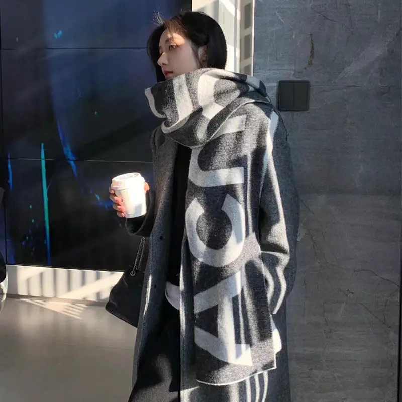 

2025 ГОРЯЧИЙ зимний шарф, шаль с буквенным принтом, женский зимний теплый кашемировый шарф, толстый длинный шарф из пашмины, унисекс, заводские продажи