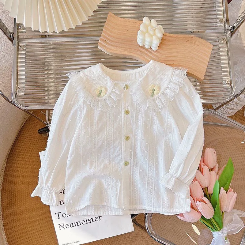 

Girls' pure cotton shirt spring and autumn new style children's baby long sleeved shirt white western-style top