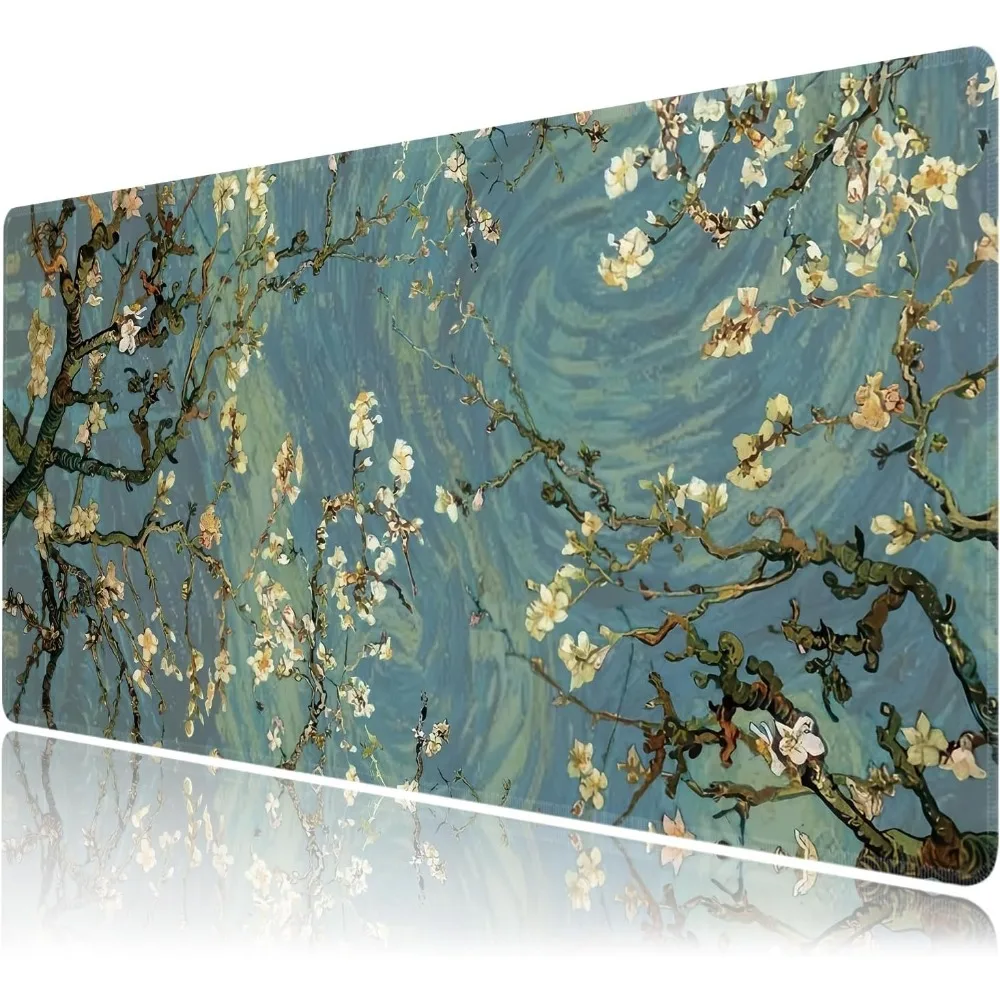 Large Gaming Mouse Pad Retro Flower Branch Extended Desk Mat Non‑Slip Rubber Playmat with Stitched Edges Home Office CP GameMat