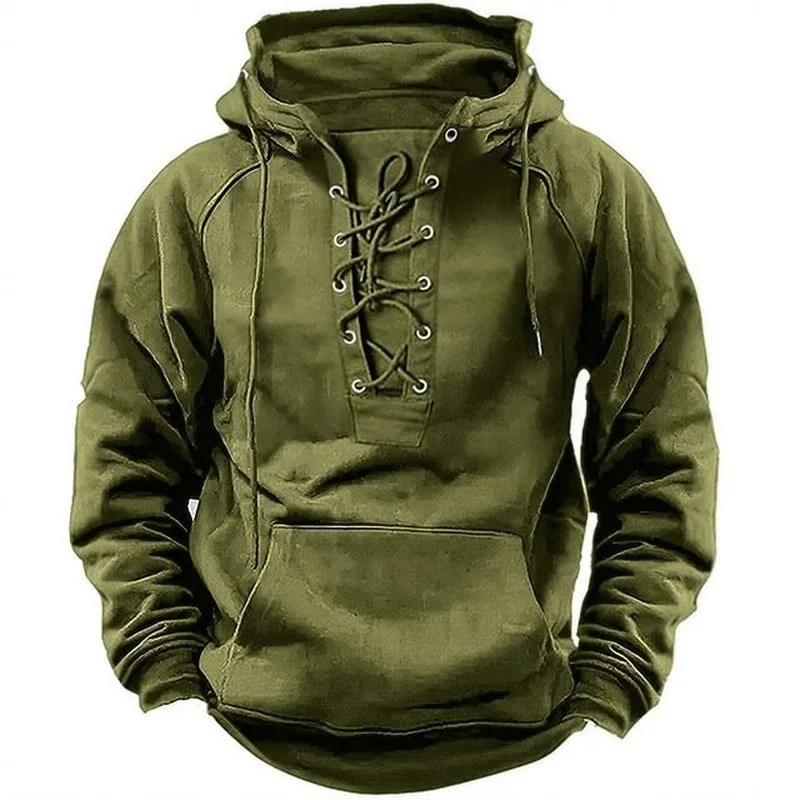 Autumn Fashion Mens Hooded Sweatshirts Lace-up Drawstring Long Sleeve Loose Hoodies Men Streetwear Vintage Solid Color Hoodies