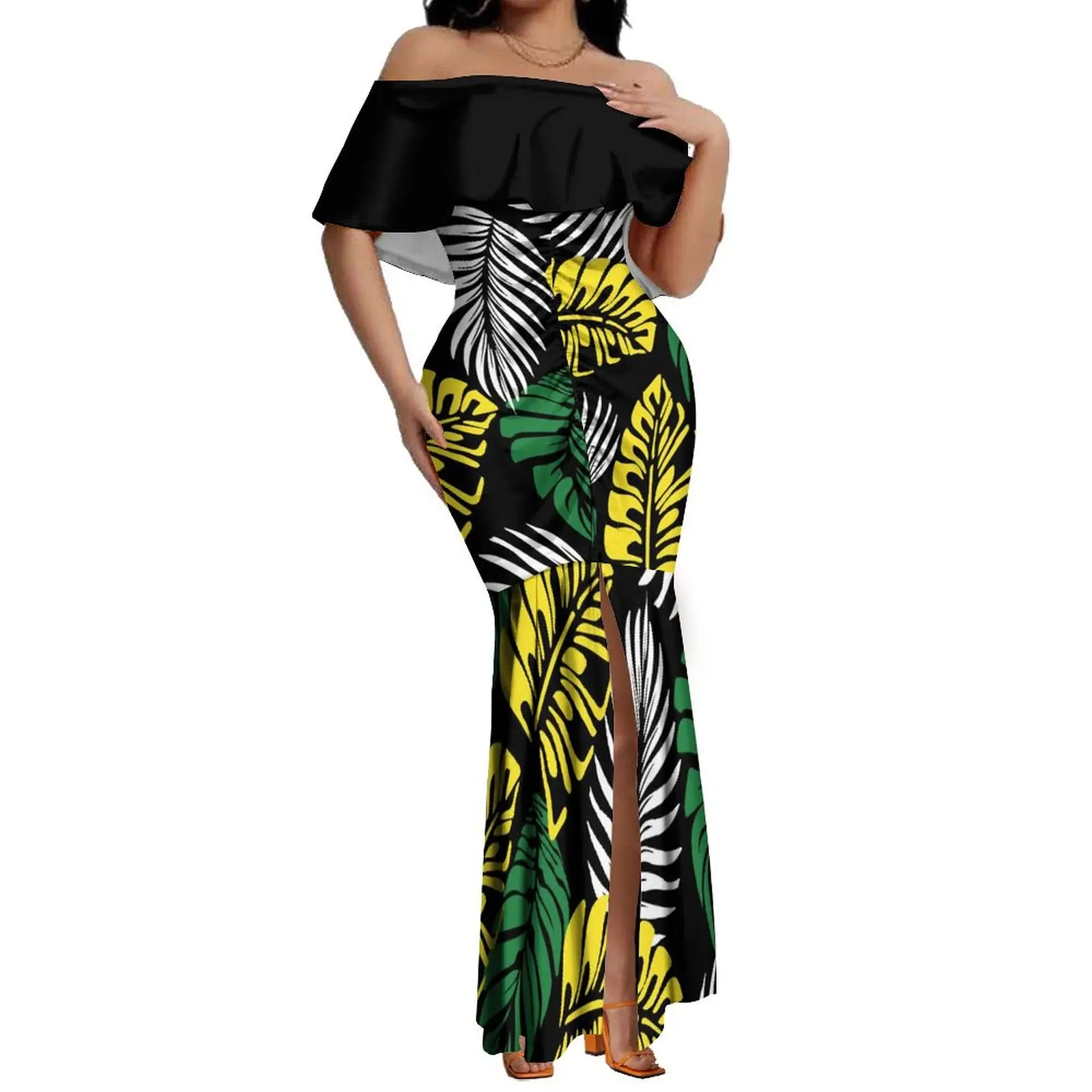 

Women's Strapless Ruffle Neck Pleated Skinny Long Dress Polynesian Style Hawaiian Samoa Banquet Gowns Irregular Dress