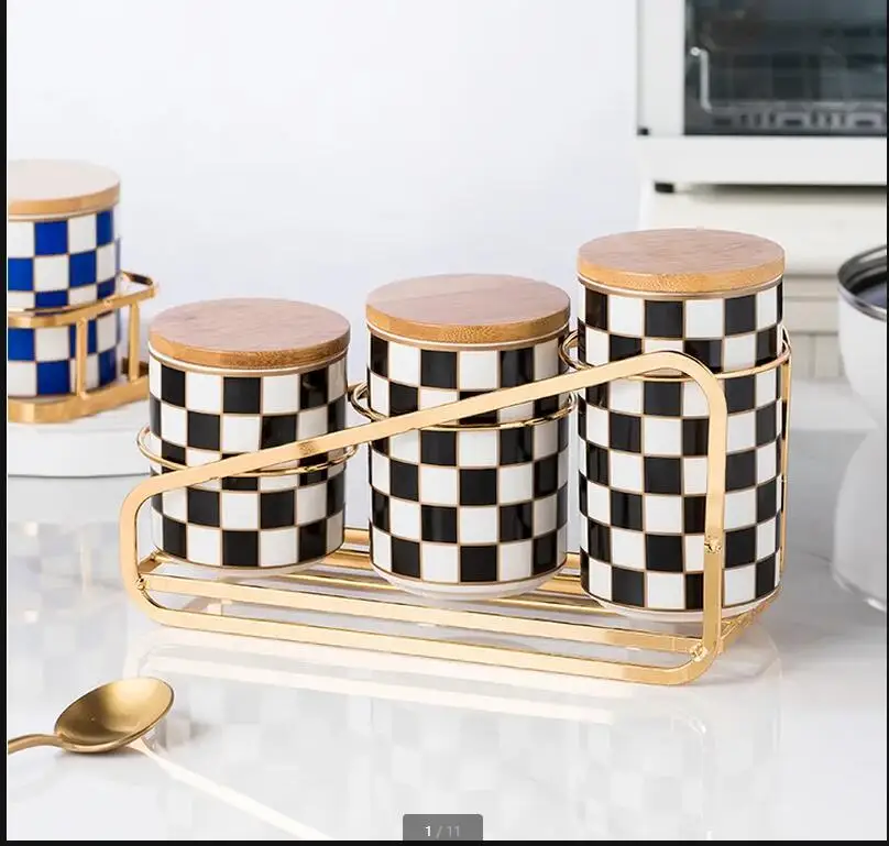 Checkerboard Ceramic Airtight Jar Wooden Cover Storage Home Food Organizer Tea Box Bottle