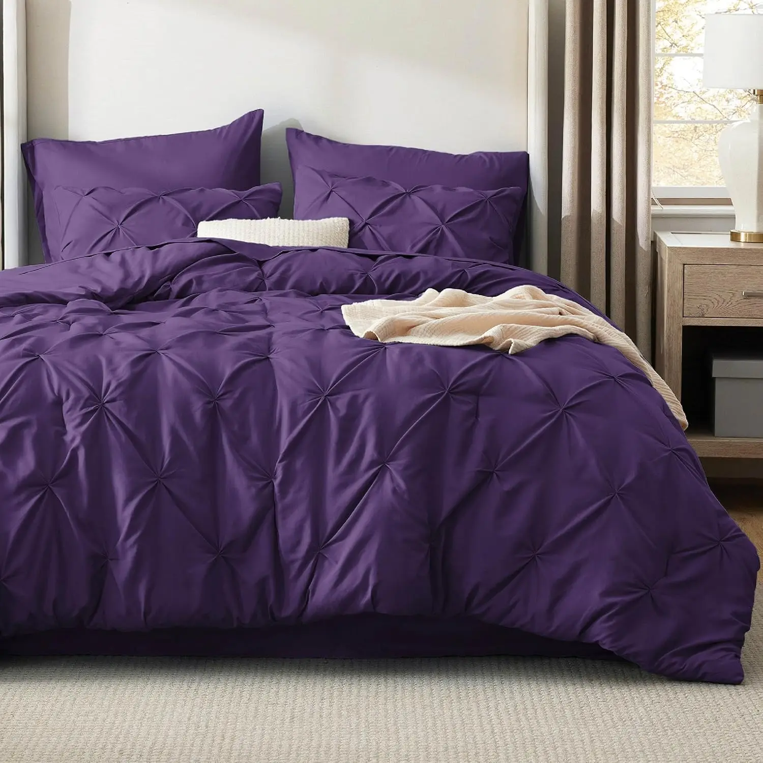 

Purple Duvet Cover Gentle Sof Pintuck Bed Set Gift for Family Pinch Pleat Purple Comforter Pillowcase