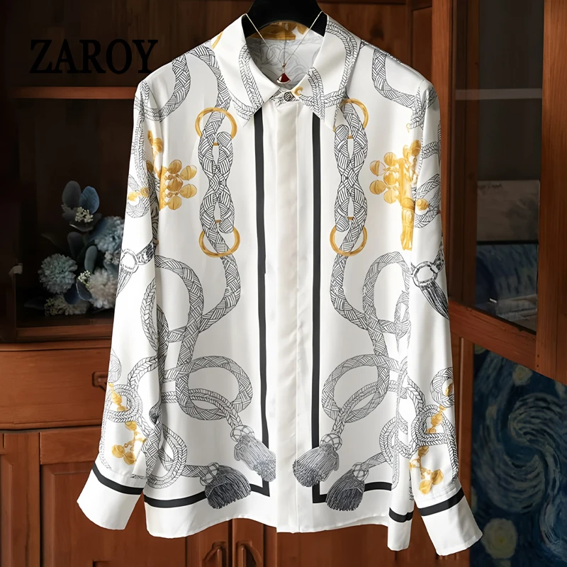 قمصان أحدث قميص نسائي فاخر حصري بأكمام طويلة وطية صدر السترة قميص من الساتان مطبوع عليه أموال قديمة قميص بتصميم علامة تجارية OL بلوزة руба