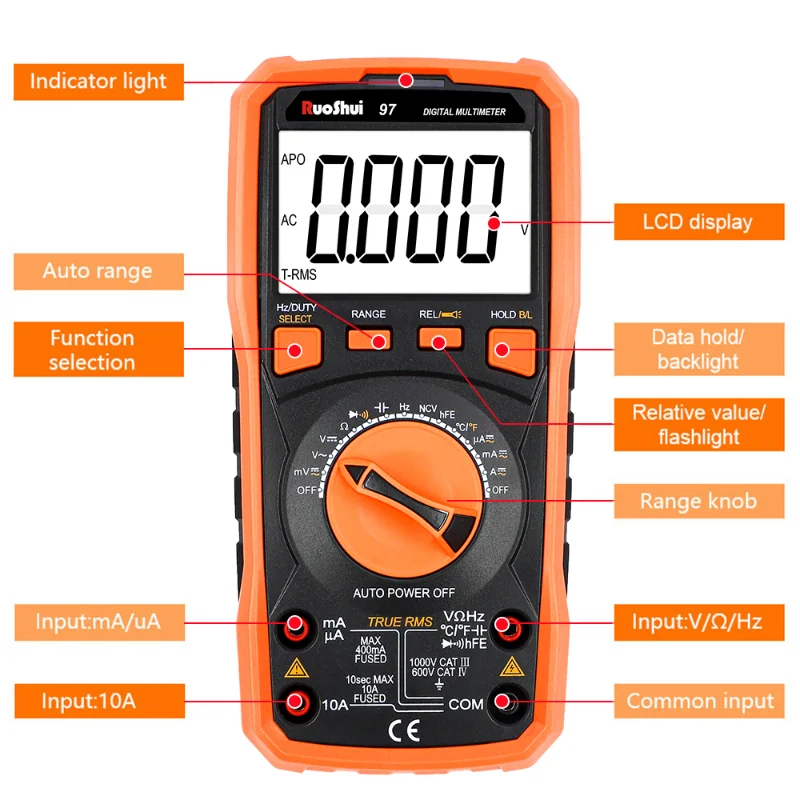 RuoShui 97 MULTIMETER Auto Range Professional Intelligent Data Hold OHM NCV Tester Ac Voltage Meter Ammeter Flashlight Tranistor