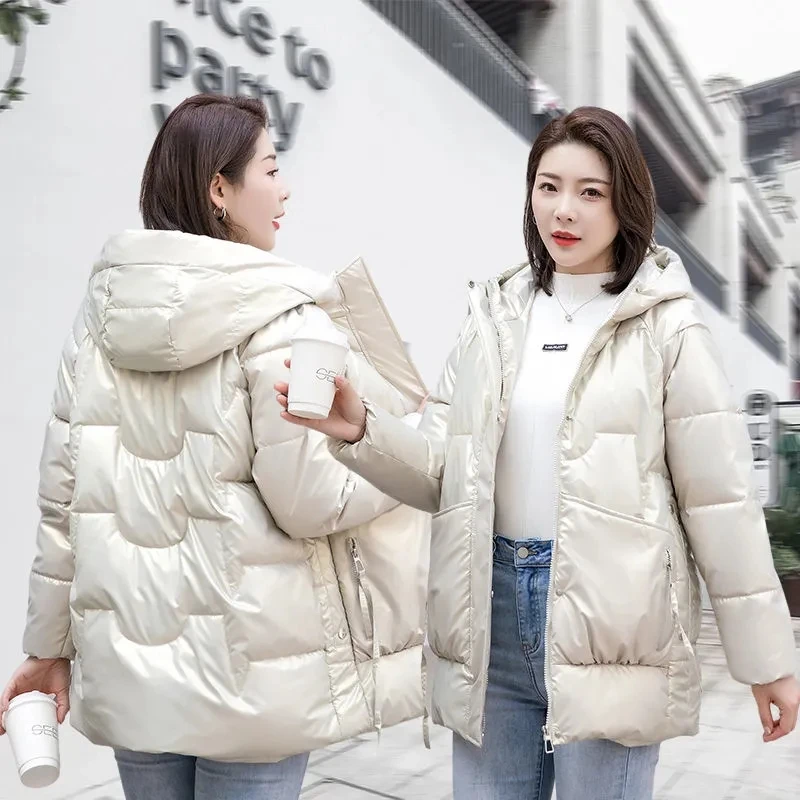 2022 New Winter Jacket Women Parkas Glossy Down Cotton Padded Parka Female Jacket Solid ColorThick Outwear Hooded Warm Outcoat