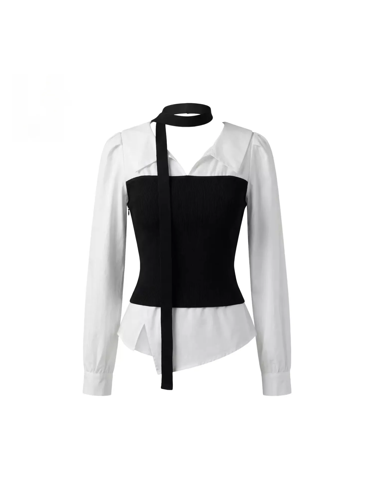 

Korean Retro Color Blo Fake Two-Piece irt Women's Spring Summer New Design Slimming Versatile Top Casual Sle Long Sve