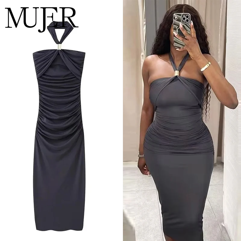 MUJER Neckholder-Kleid mit Rüschen, schulterfrei, Midi-Kleider für Damen, sexy, rückenfrei, Damenkleid, plissiert, Party-Damenkleider