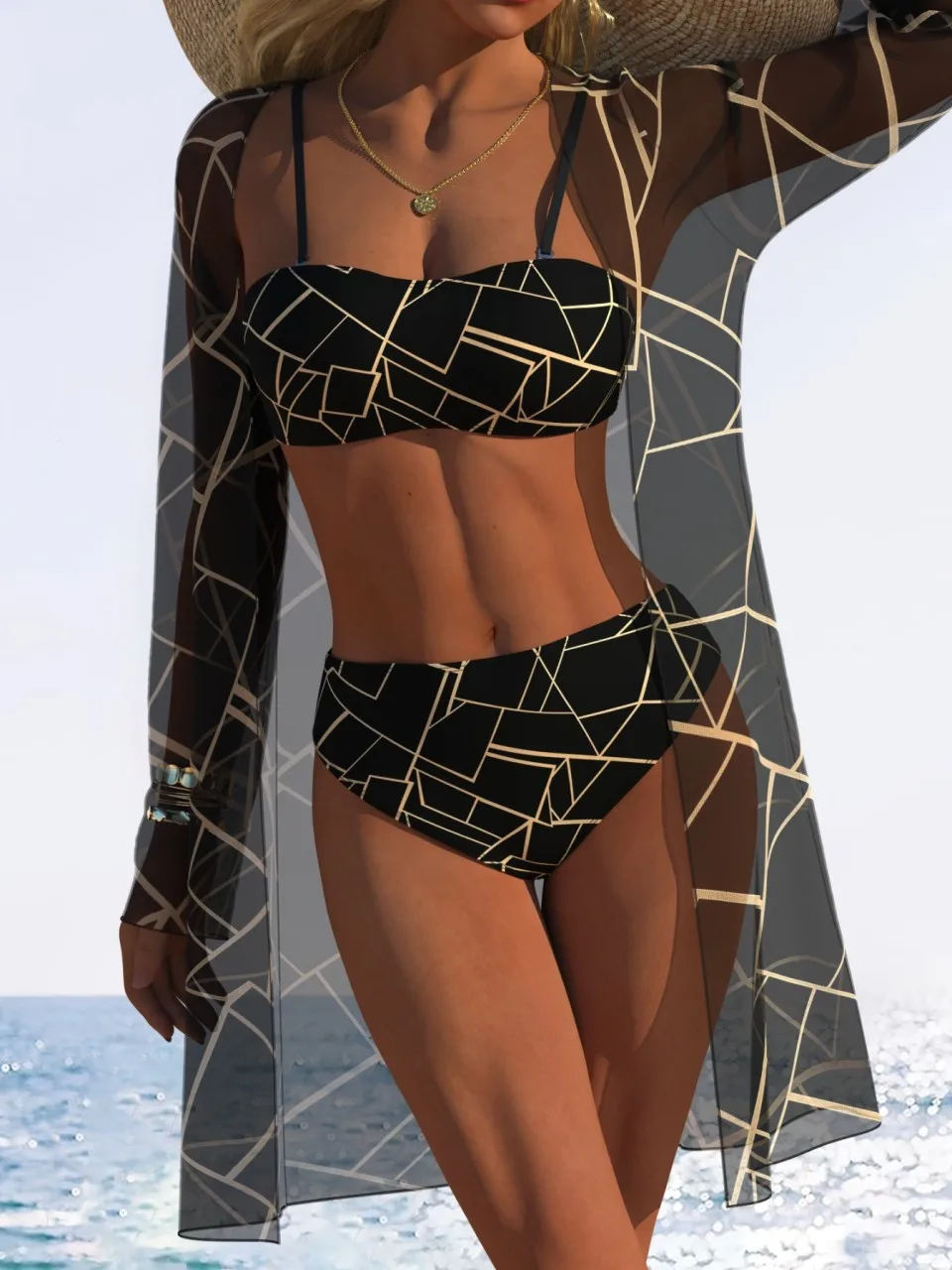 Strappy 3 Pieces Printd Bikini Beach Kimono 2026 Women Triangle Swimwear Female Bathing Swimming Suit Padded Beachwear Summer