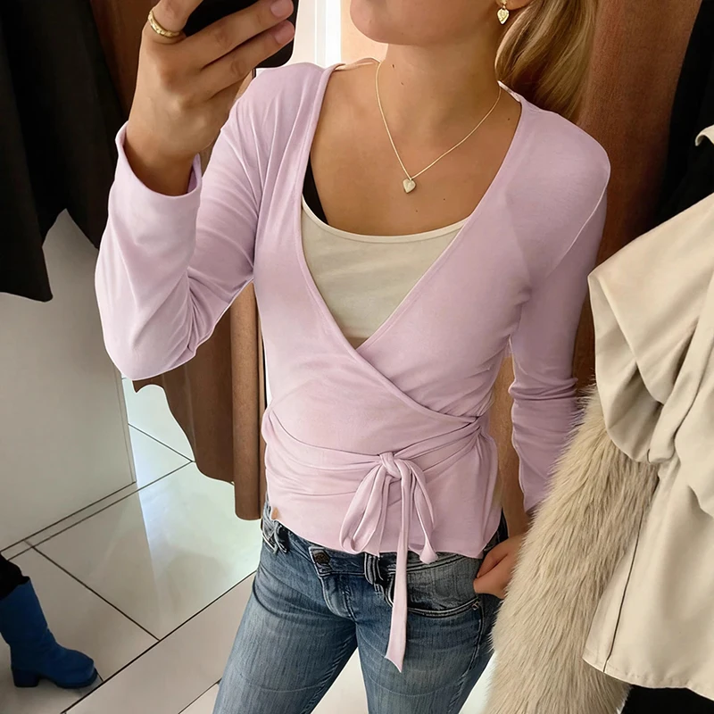 

Tornova Casual Cross Lace Up T shirt Women's Deep V neck Long Sleeve Slim T shirt Fashion 2025 Autumn Female Top Solid Color