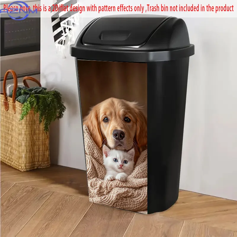 2D Flat, 1pc Self-Adhesive Trash Can Sticker - Golden Retriever & White Kitten Cozy Design, .01x81.99 cm PVC Decal for Dustbin