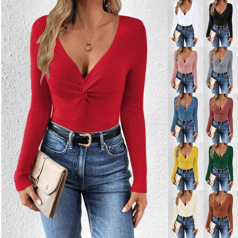 

Elegant women's knitted top V-neck twisted sweater pullover sweaters for women свитшот женский kazak kadın