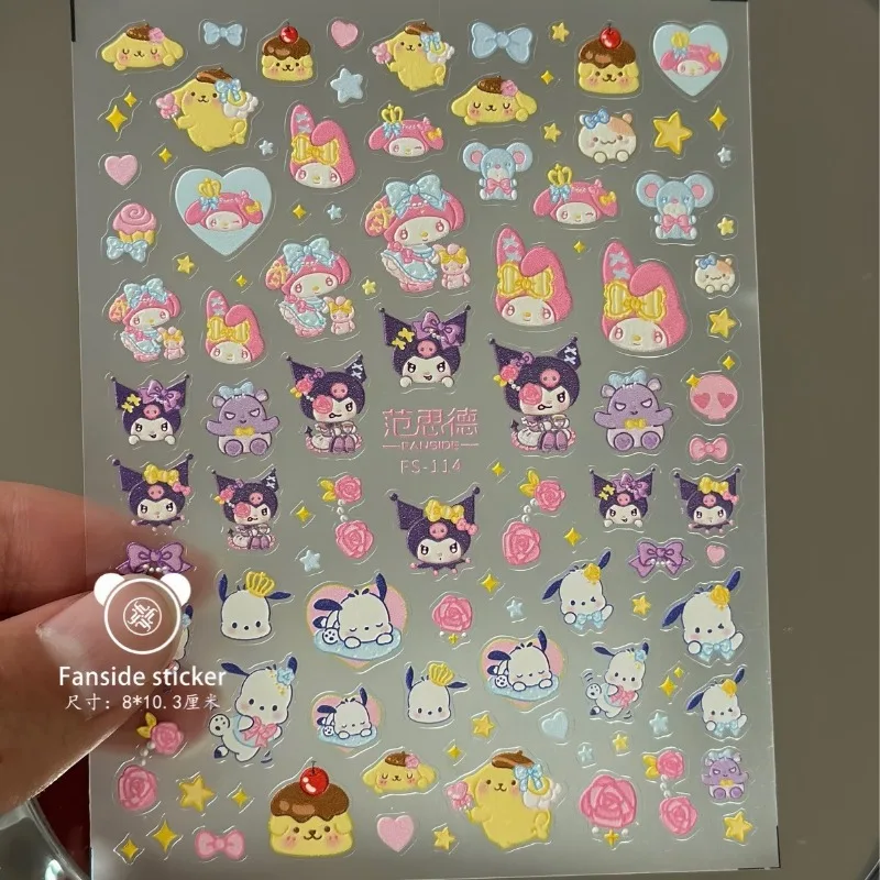 Sanrio Three-dimensional Relief My Melody Kuromi Cinnamoroll Hello Kitty Waterproof Manicure Nail Stickers Decorative Stickers