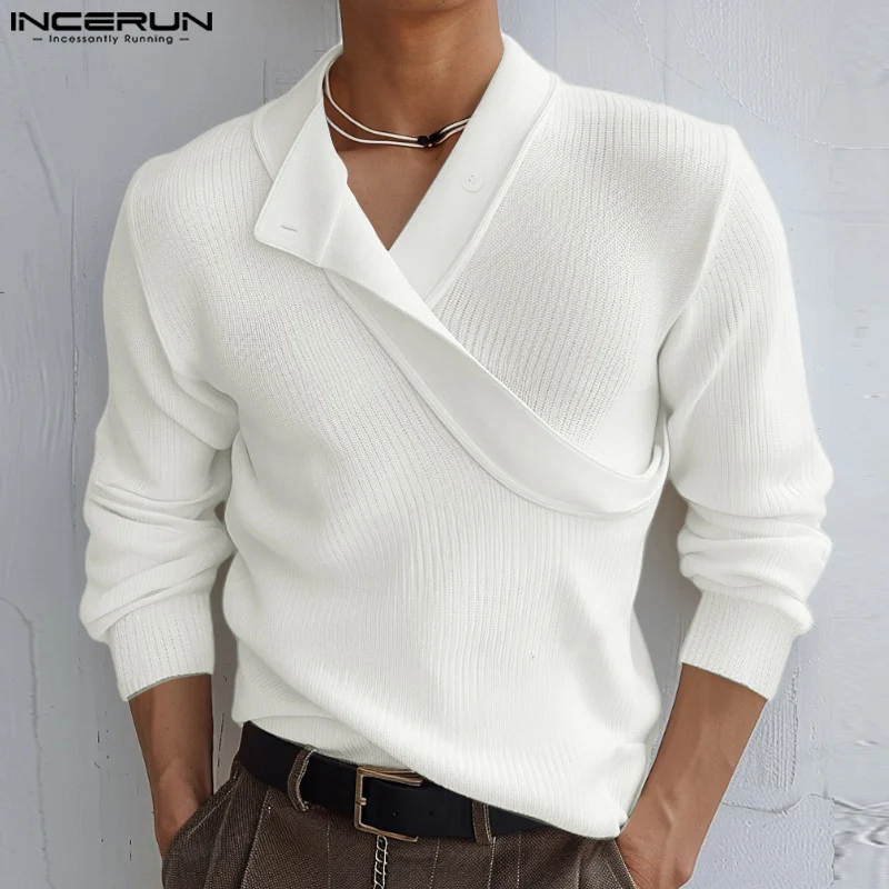 INCERUN 2024 Handsome New Men Deconstruction Double-layer Neck Pullovers Casual Streetwear Solid All-match Long Sleeved Sweaters