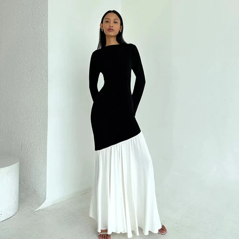 New Women's Dress with Contrasting Colors Pleated Long Sleeves Round Neck and Pleated Skirt Exuding a Ladylike Temperament