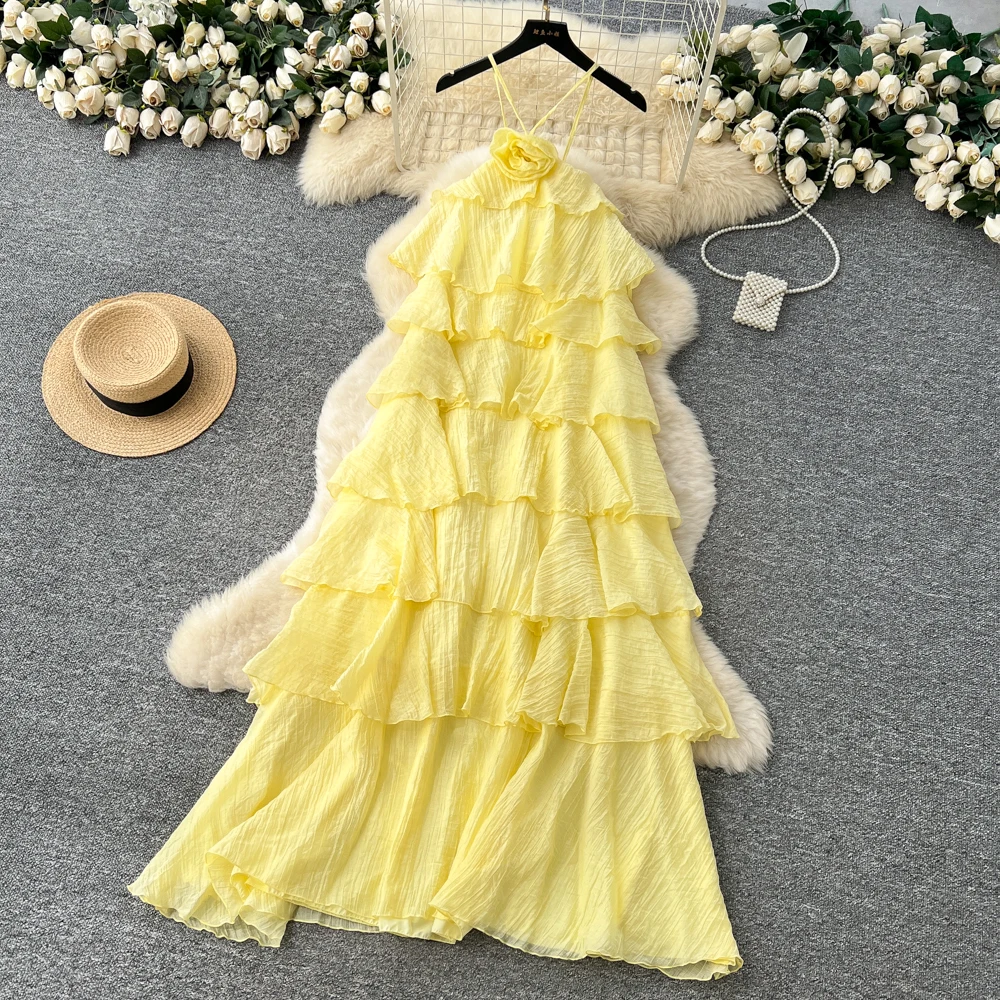 Chic vintage chiffon ruffle halter Ruched Elegant dress Fairy korean fashion Boho Sundress women clothing