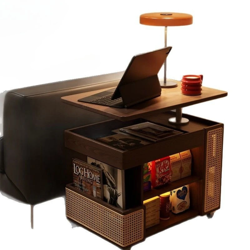 

Solid wood furniture movable side table, bus lifting coffee table, home living room, sofa side cabinet, vintage style cart