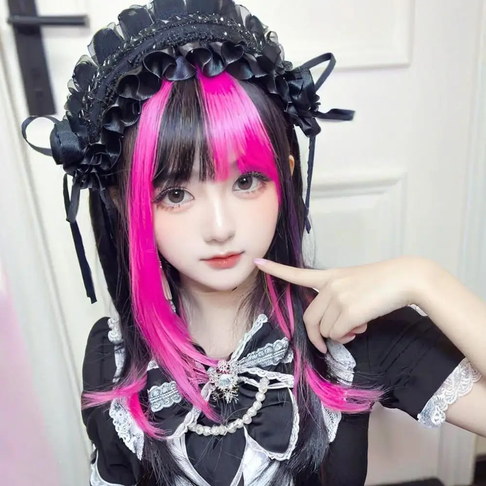 ‌ Peluca de moda alternativa: postizo gótico de Lolita, pelo liso negro y rosa con flequillo, peluca completa de cosplay de ídolo lista para usar