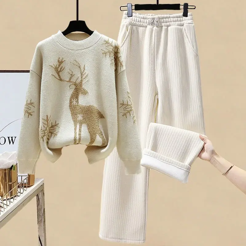 Cartoon Embroidery Round Neck Knitted Sweater Pullover Thick Wide Leg Pants Two-piece Set Elegant Women\'s Pants Set Outfits