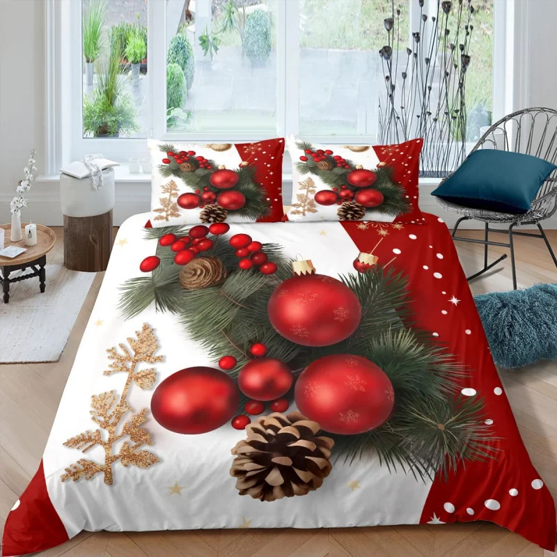 

White and red Christmas bedding set large, decorative duvet cover, 3 soft microfiber zippered duvet covers pillowcases