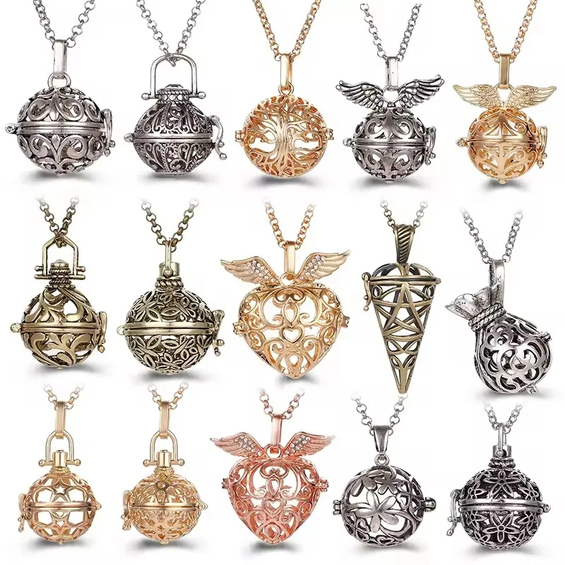 Multiple Style Mexico Chime Angel Wings Music Ball Necklace Vintage Perfume Locket Necklace Aromatherapy Oil Diffuser Pendant