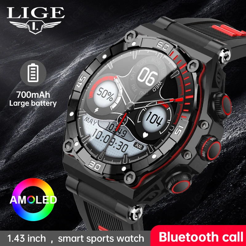 LIGE 2023 Newest I68 Waterproof AMOLED HD Screen Smartwatch with 700 mAh Large Battery Capacity Men Bluetooth Call Smart Watch