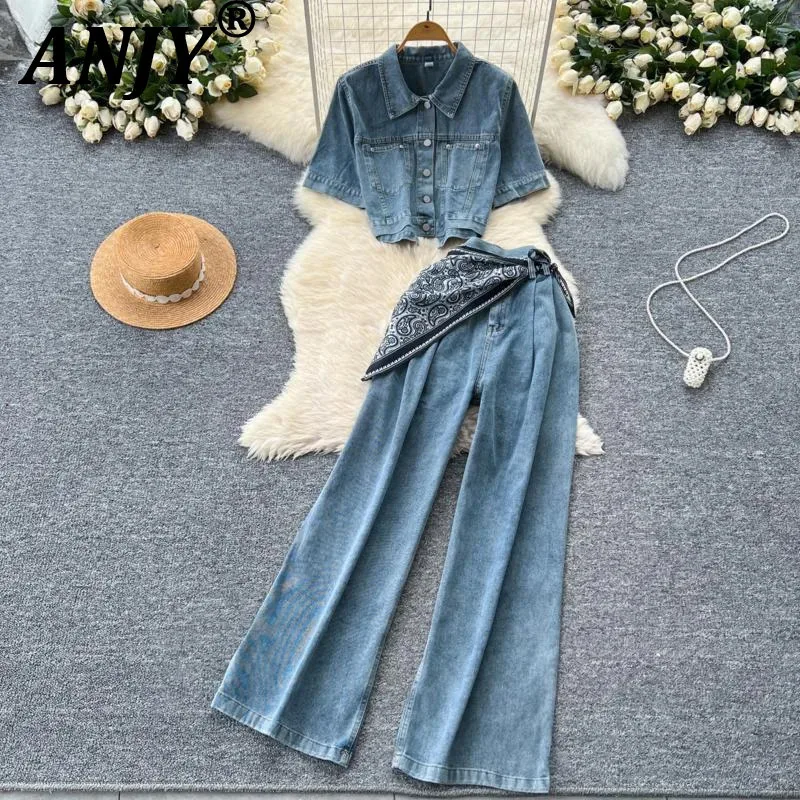 

ANJY Summer New Women Korean High Street Single Breasted Short Sleeve Denim Shirt Tops Casual Wide Leg Jeans Two-piece Set A8106