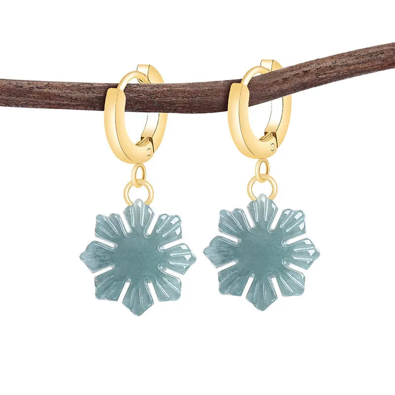 Burmese Jadeite Snowflake Earrings Talismans Real Jade 18K Gold Plated Carved Gemstone Luxury Vintage Gifts for Women