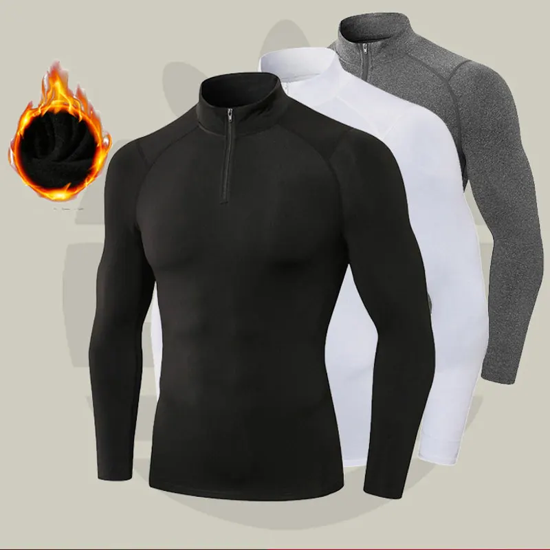 Men's Thermal Compression Shirts Long Sleeve Fleece Lined Quick Dry Tops Athletic Base Layer for Winter Skiing Runnning T-Shirts