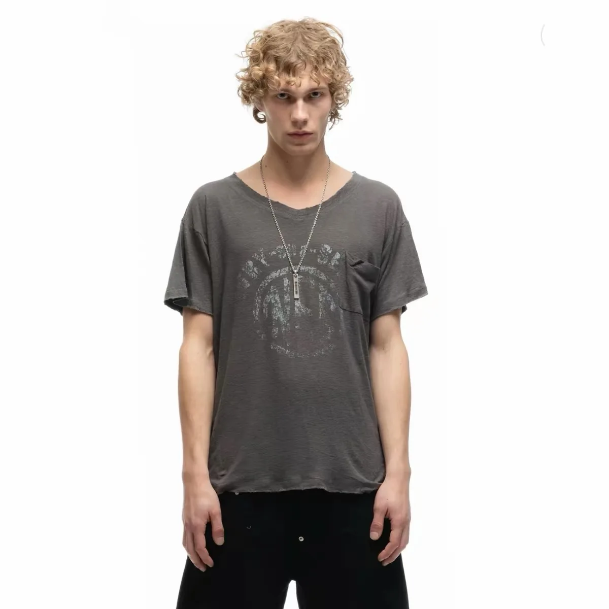 Nofaith Vintage Tee, Slubby Linen-Cotton Blend in Retro Taupe Brown-Grey, V-Neck Pocket Distressed Print Short Sleeve