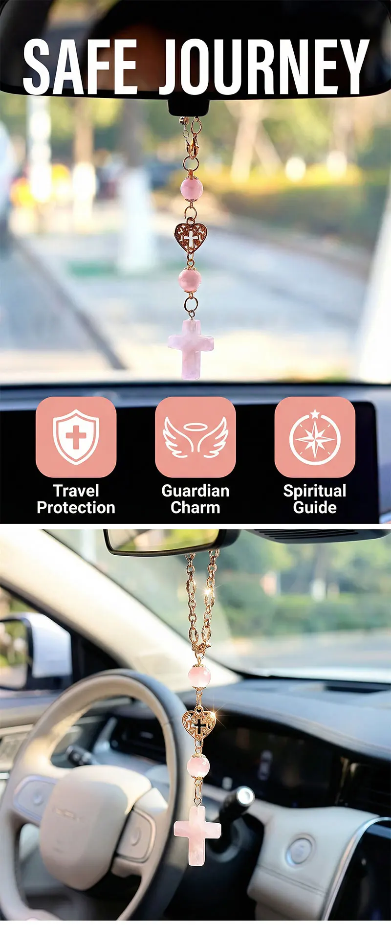 Faith-inspired car interior decoration with crystal beads