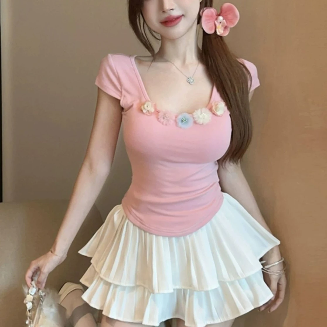 

Women Cute Two-Piece Suit Fitted Short Sleeve Floral Decor Top and High Waist Ruffle Mini Skirt Sweet Korean Style Summer Outfit