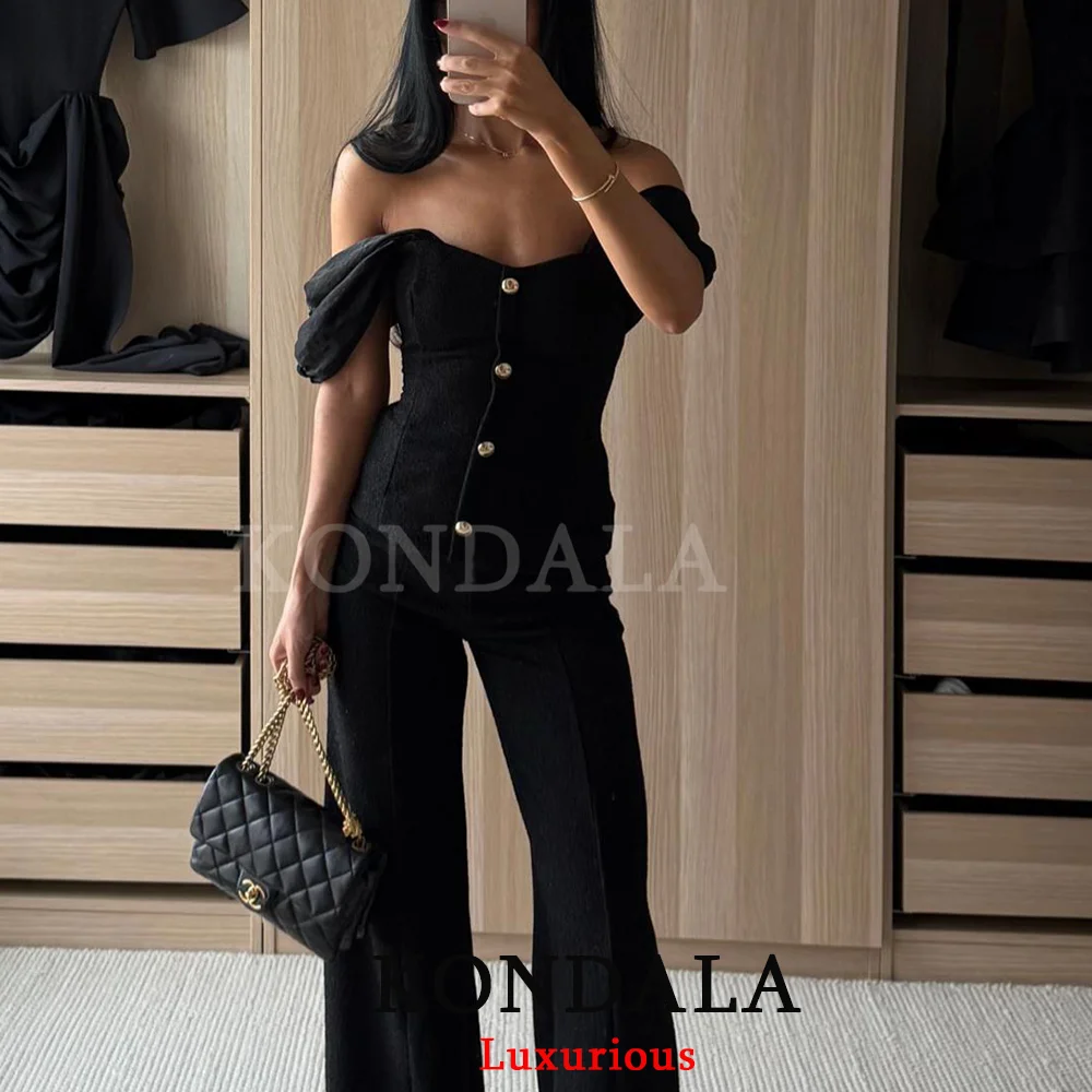 KONDALA Sexy Schicke Schwarze Schlanke Damen-Tops mit Schulterfrei-Ausschnitt und Goldknöpfen, Modische Blusen für Frühling/Sommer 2026, Urlaub, Party, Y2K Mädchen-Tops