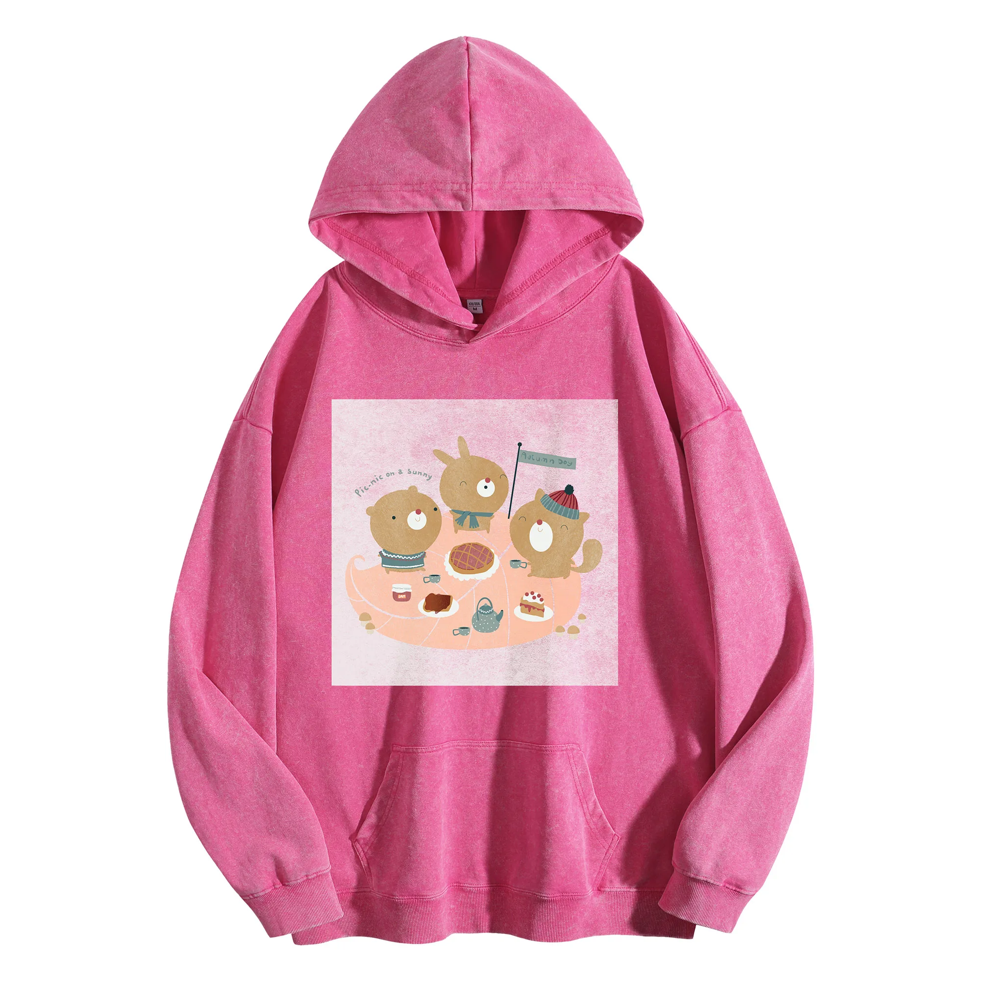 نزهة الحيوانات الجرافيك طباعة 400G خمر غسلها هوديي للجنسين المتضخم الشارع الشهير البلوز مجموعة الخريف/الشتاء