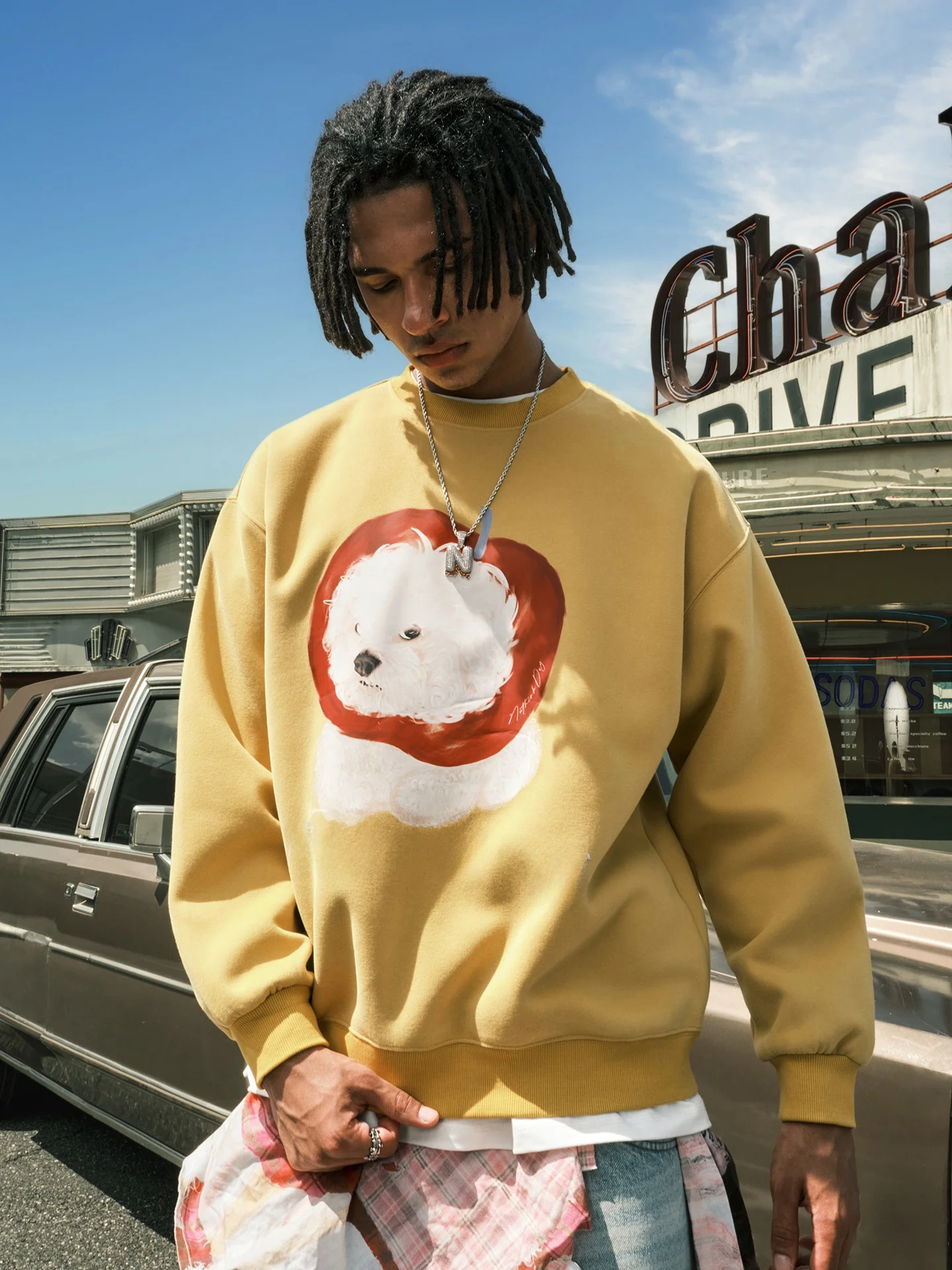 

Футболка Nuthink American Sle Round Ne Sweatirt с принтом собаки и ретро-надписями, новая коллекция Весна 2026, хлопок, комфортная, длинный рукав