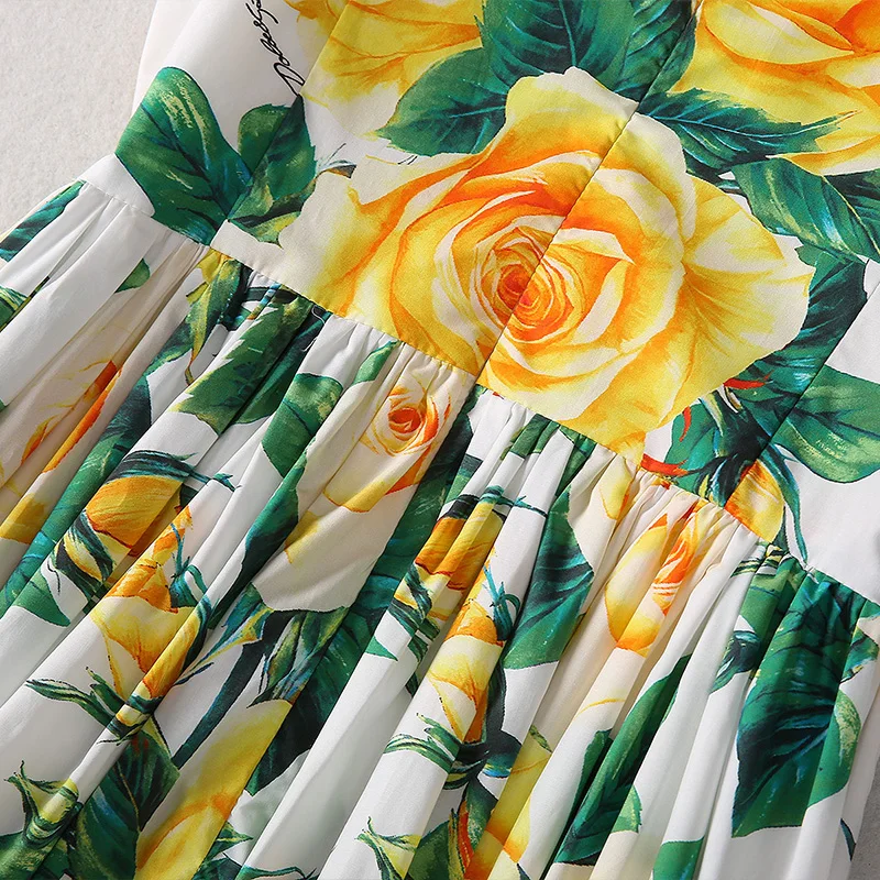 Zomer Dameskleding Elegante Jurk Met Gele Rozenprint En Mode-Spaghettibandjes Jurken Met Enkele Rij Knopen In Strandstijl A-Lijn