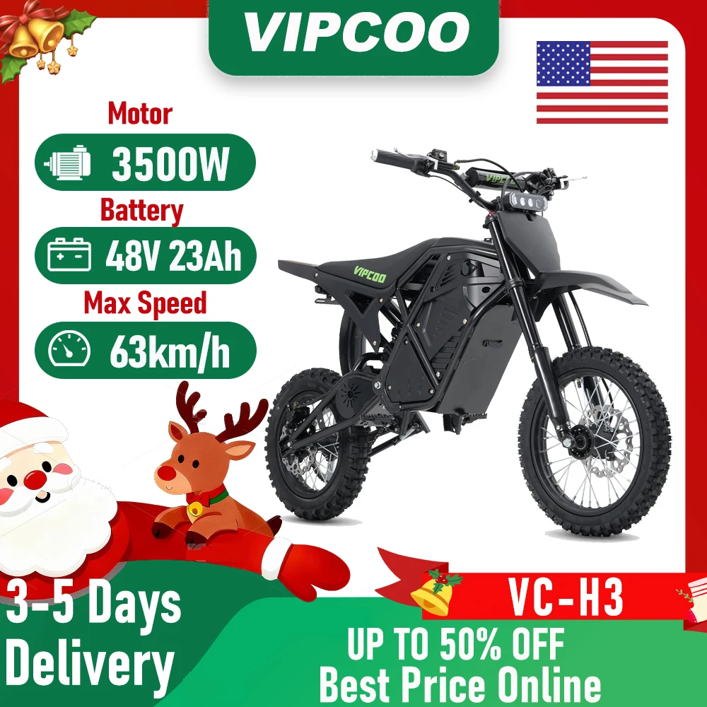 

Electric Dirt Bike VIPCOO H3 3500W 48V23AH Electric Motorcycle Fat Tire Nitrogen Suspension E Dirt Bike for Teens and Adults