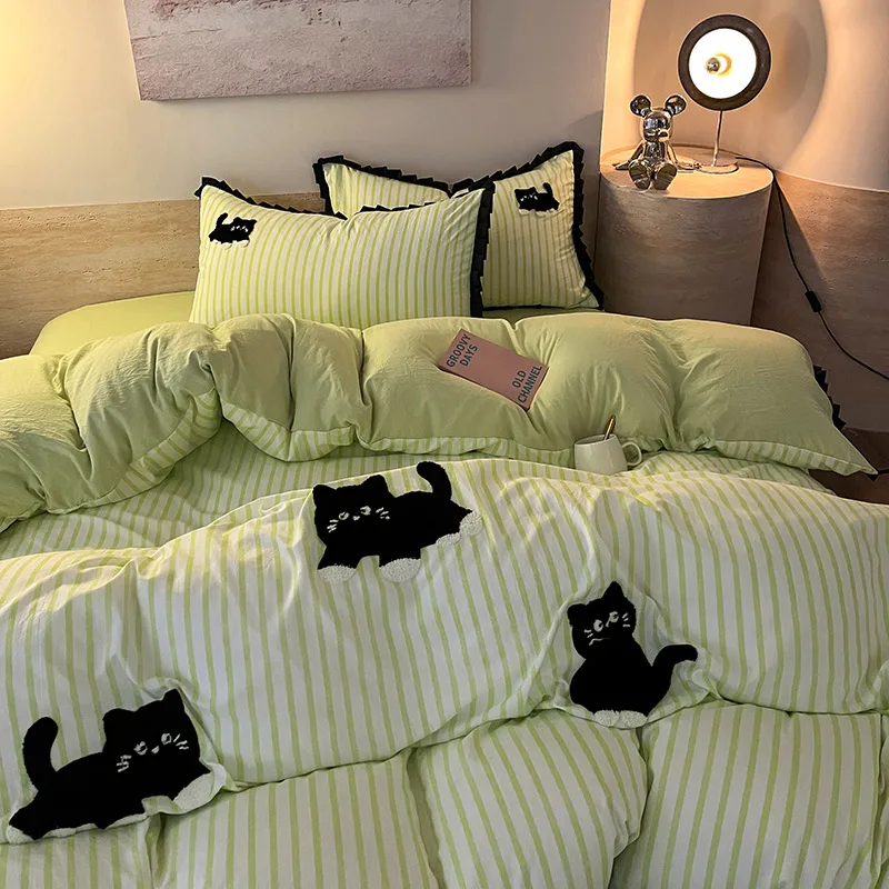 Light Green Striped Black Cat Bedding Set Cute 3D Embroidery Soft Washed Cotton Duvet Cover Pillowcases Twin Queen King Size
