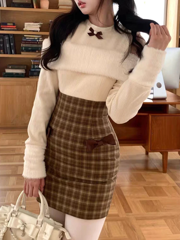 겨울 일본식 니트 스위트 패치워크 드레스 여성 귀여운 브라운 빈티지 체크무늬 파티 드레스 신상 하라주쿠 스타일 시크 의류 2025