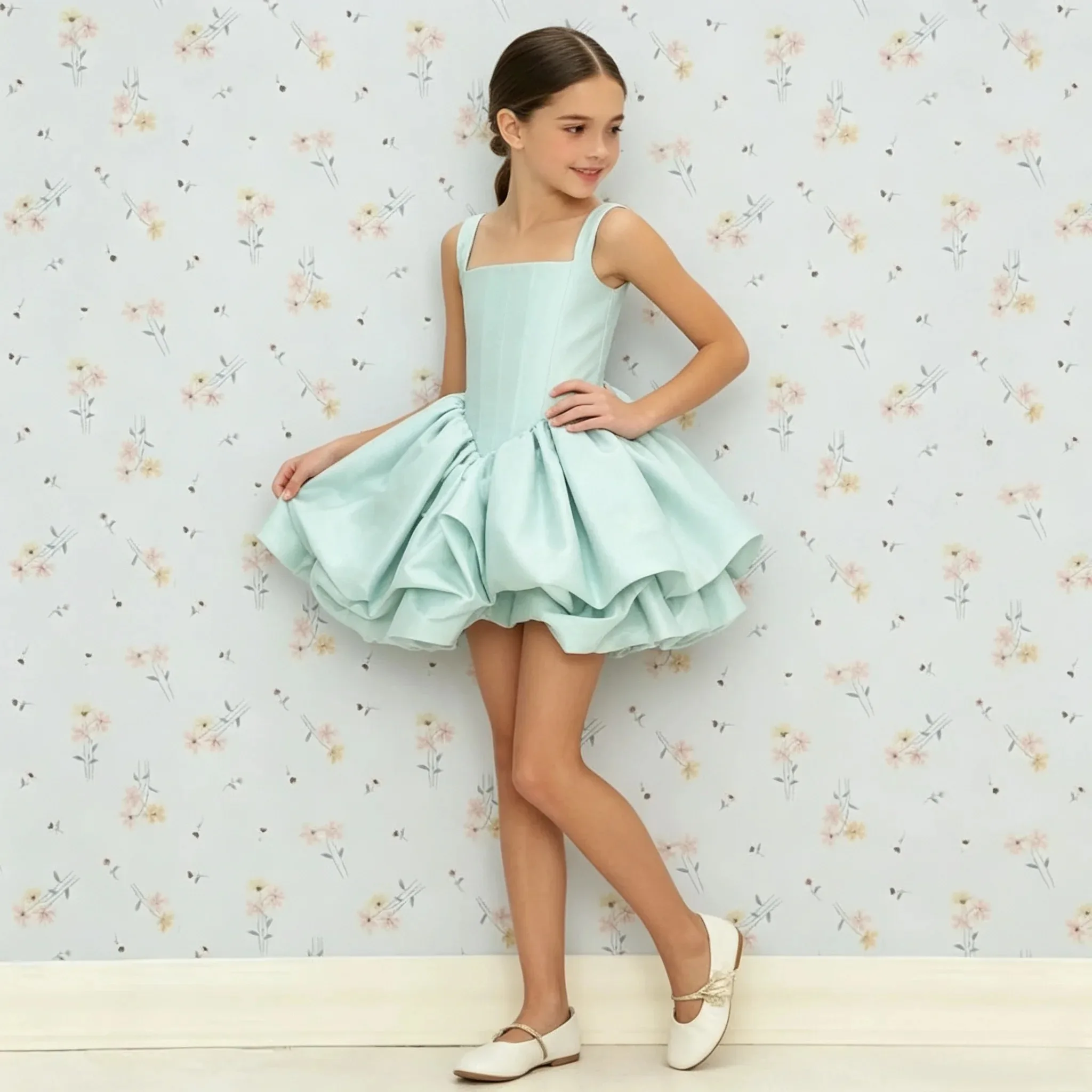 Custom Satin Flower Girl Dress Square Neck Herringbone Waist Slim Pleated Bud Skirt Princess Skirt Girl Ballet Performance Dress