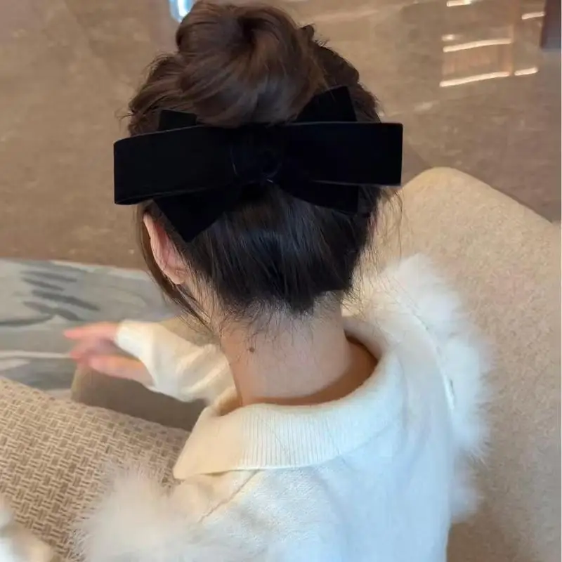 Zwart fluwelen strik haarclip grote satijnen strik haarspeld retro elegant haaraccessoire voor vrouwen achterkant van het hoofd haarspeldje